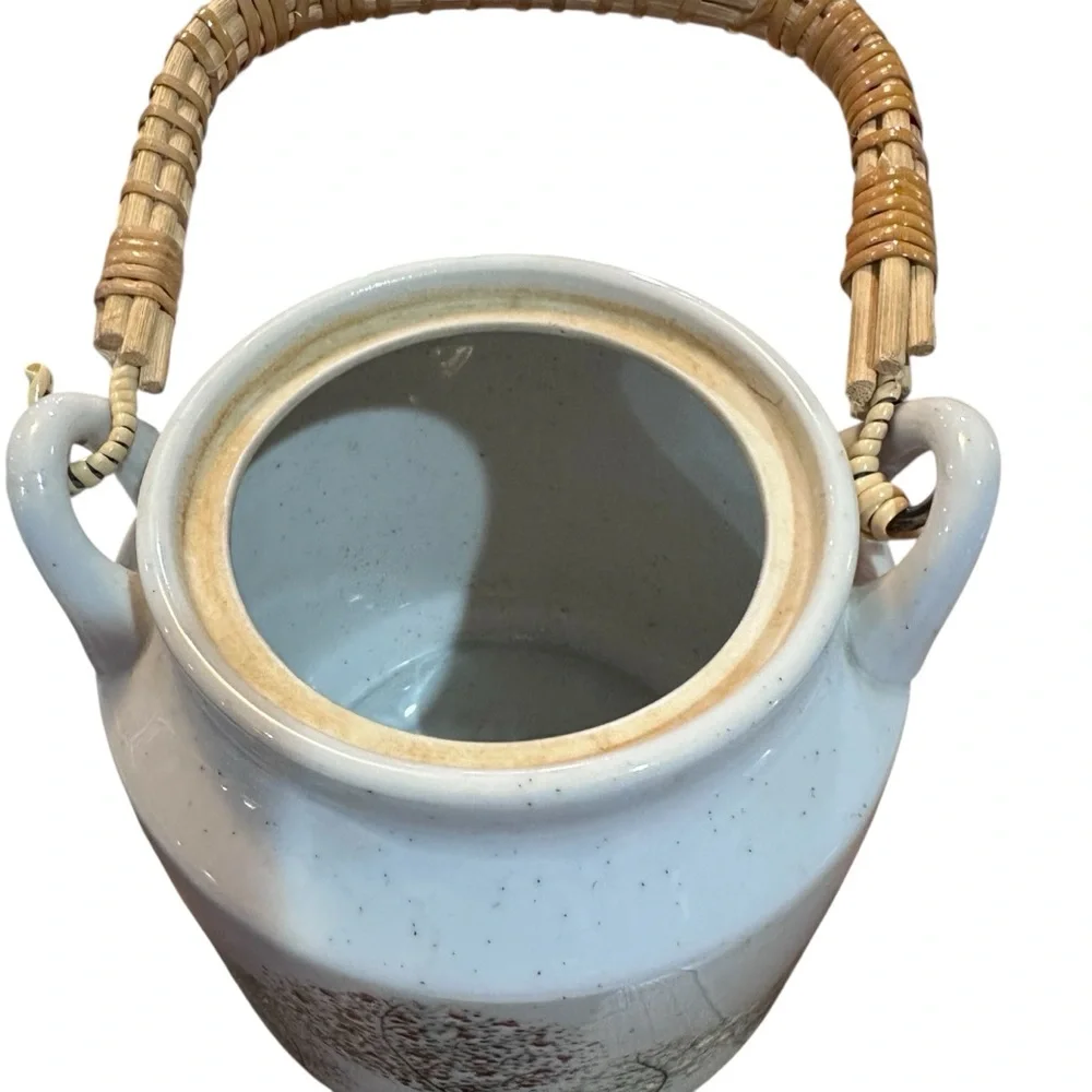 Vintage Style Ceramic Teapot Set with 6 Cups Tree‎ Pattern Woven Handle rustic